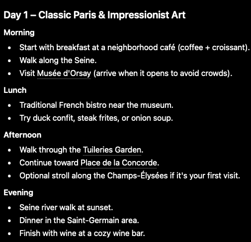 A chatbot's vague answer for a day in Paris