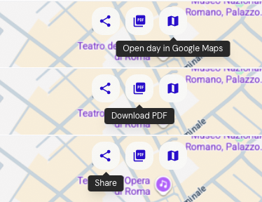 Share / PDF / map export controls visible (top of trip page)