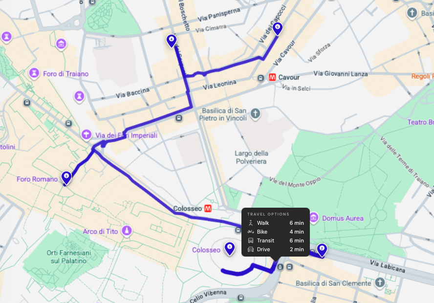 Map panel with numbered pins and the route visible
